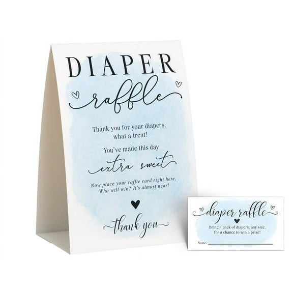 Watercolor Blue Diaper Raffle Game Sign & Cards – 50 Cards Included, Self-Standing 5x7 Sign, Boy Baby Shower Game & Decor