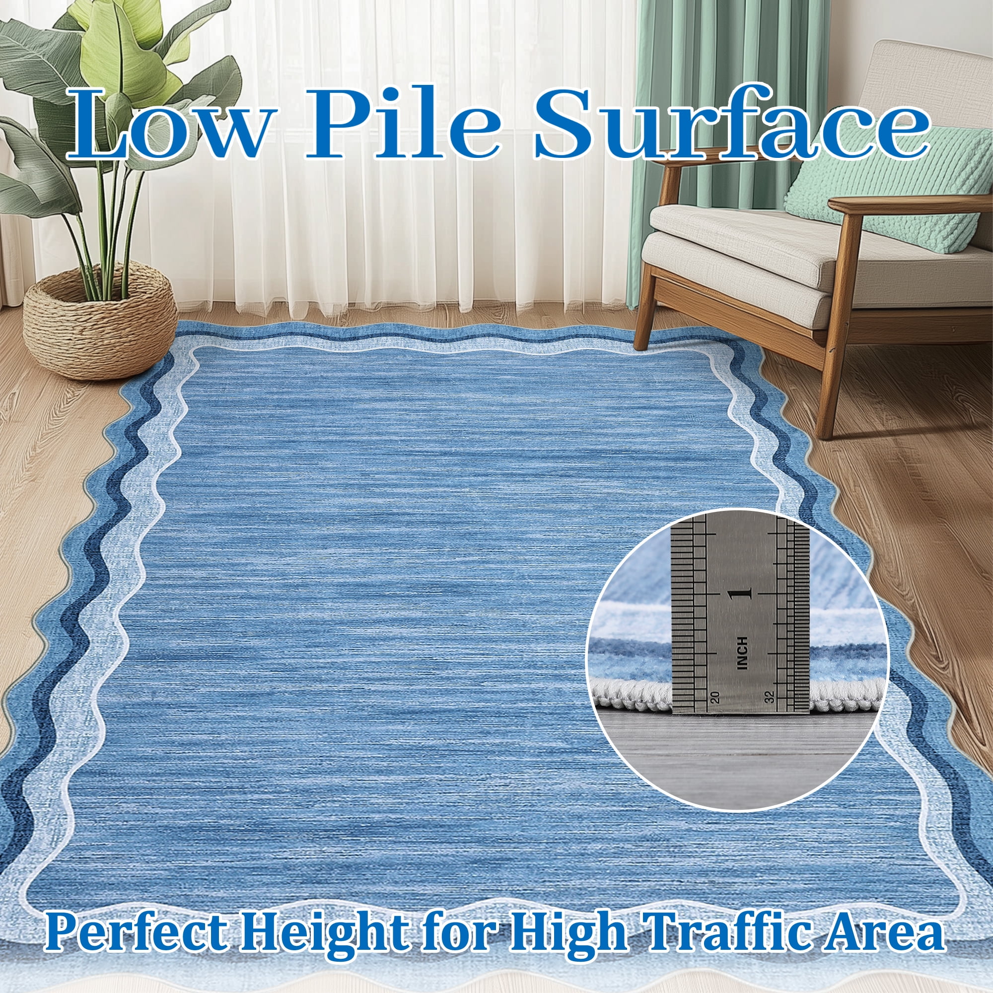 Washable Scalloped Area Rugs 5x7 Modern Throw Rug with Non-Slip Backing, Stain-Resistant Foldable Accent Carpet, Contemporary Low Pile Floor Cover for Living Room, Bedroom, Blue