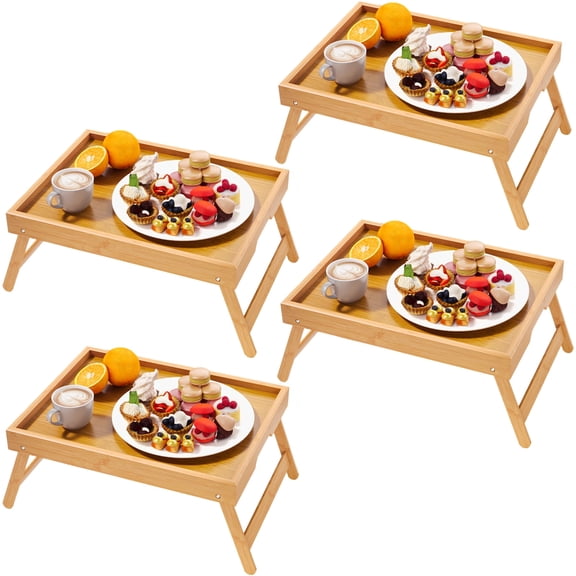 Danfoxer 4 Pack Bamboo Bed Tray Table with Folding Legs,Breakfast Trays,Serving Tray,Laptop Tray for Working,Food Snack Tray for Bed and Sofa(Natural)