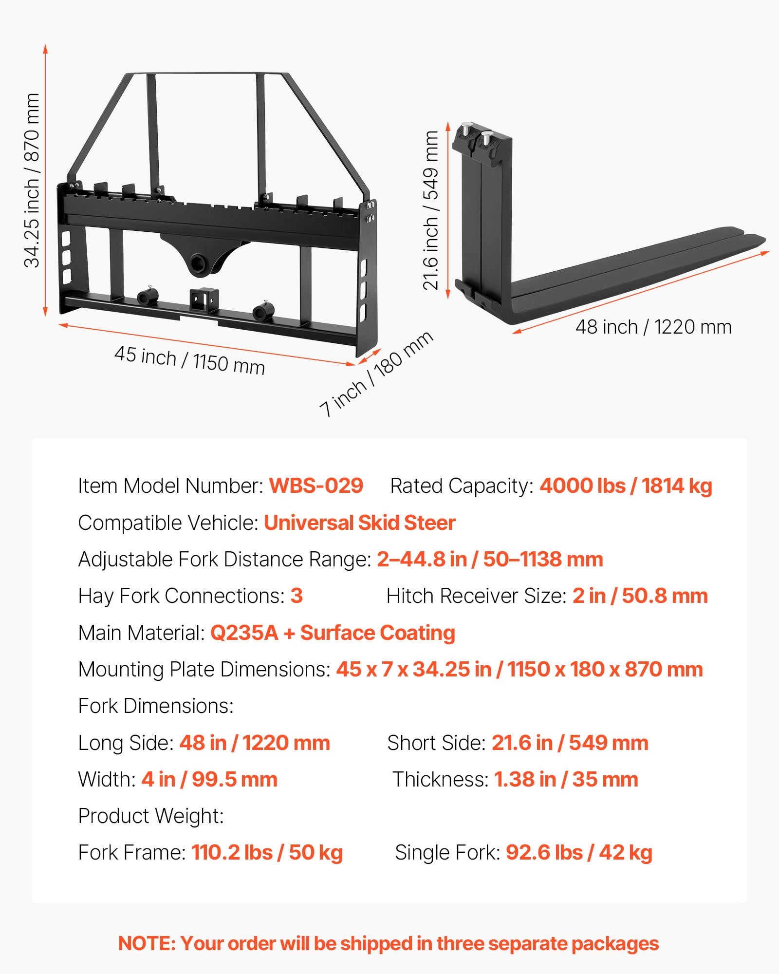 VEVOR Skid Steer Pallet Forks, 4000 lbs Rated Capacity, Pallet Fork Frame Attachment with 48-inch Pallet Forks Forklift Blades, 2-inch Hitch Receiver & Spear Sleeves, Fit for Skid Steers, Tractors