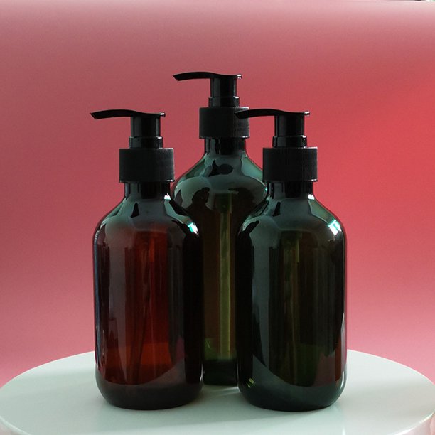 Botella de champú y gel de ducha para hotel, botella de 500 ml con hombros redondos, botella de aceite esencial para masajes, botella con bomba de loción marrón para mascotas