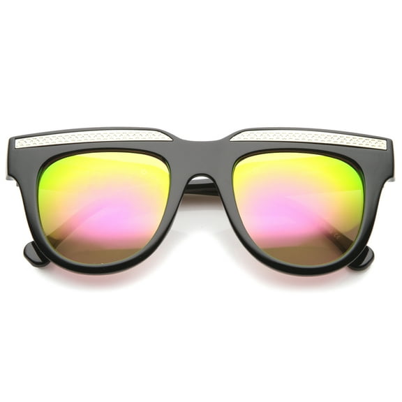 sunglassLA Unisex Retro Metal Accent Color Mirror Lens Horn Rimmed Oversize Sunglasses (Black Gold / Pink Yellow Mirror) - 50mm