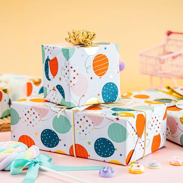 HOMERAL Metallic Gold Balloon Birthday Wrapping Paper, 17"x32.8' photo 2