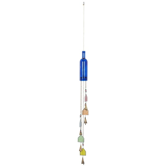 DecMode 41" Blue Glass Handmade Bottle Nautical Windchime with Beads and Cone Bells