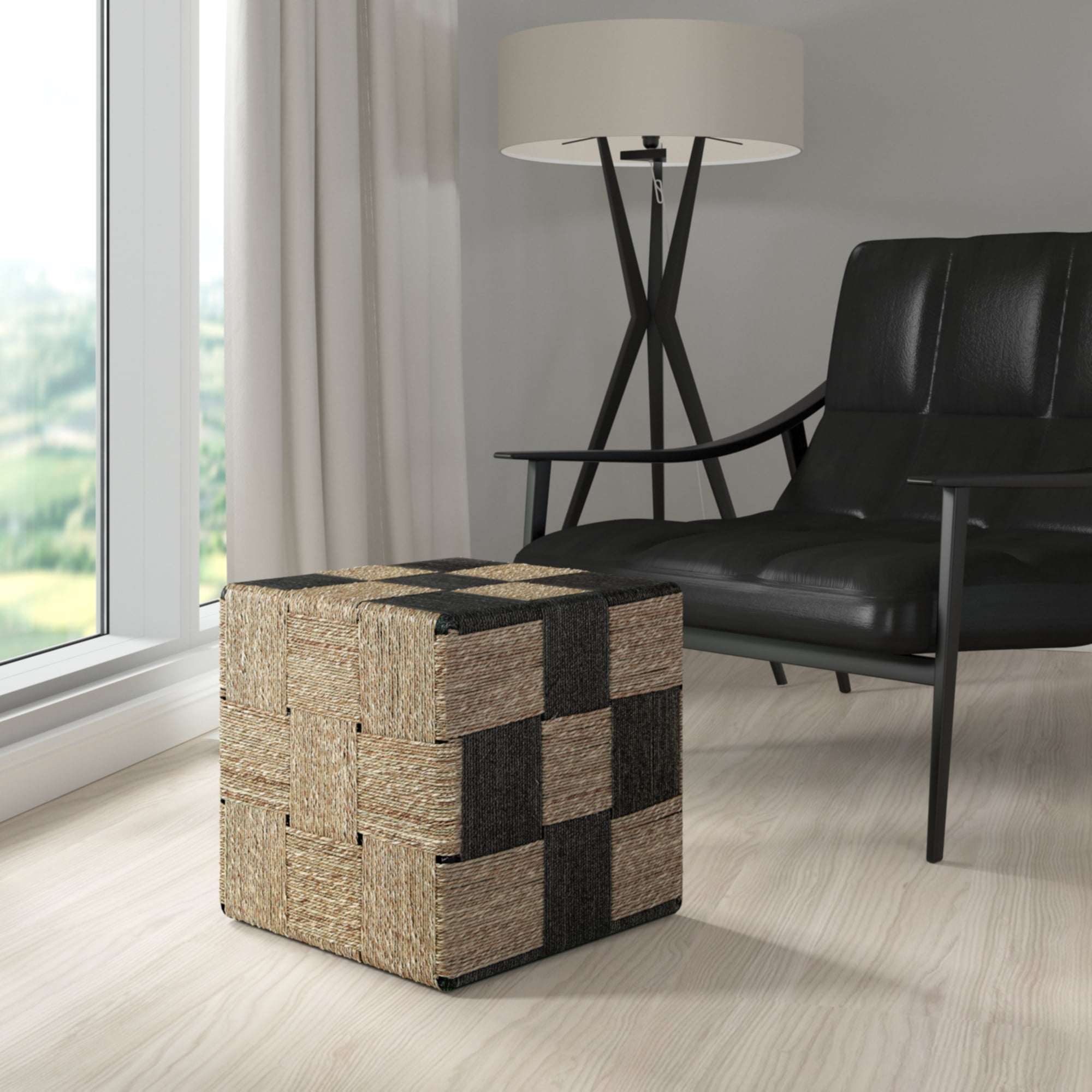 Ox Bay Eros Transitional Wrought Iron Hand Made Indoor Square Stool, Black/Natural , 17" W x 17" D x 18" H