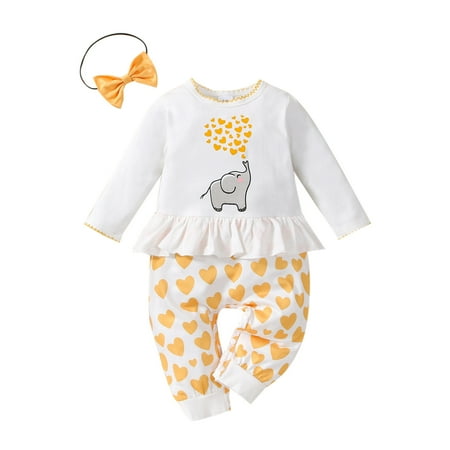 

Newborn Baby Girl Heart Romper Elephant Print Long Sleeve Jumpsuit Ruffle Clothes with Headband Outfit