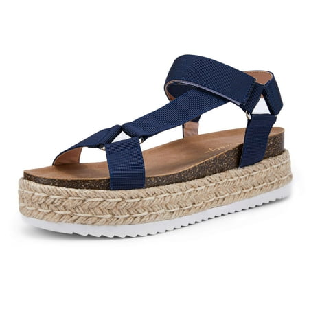 

Saodimallsu Women Platform Wedge Sandals Open Toe T-Strap Buckle Canvas Cork Summer Sandals