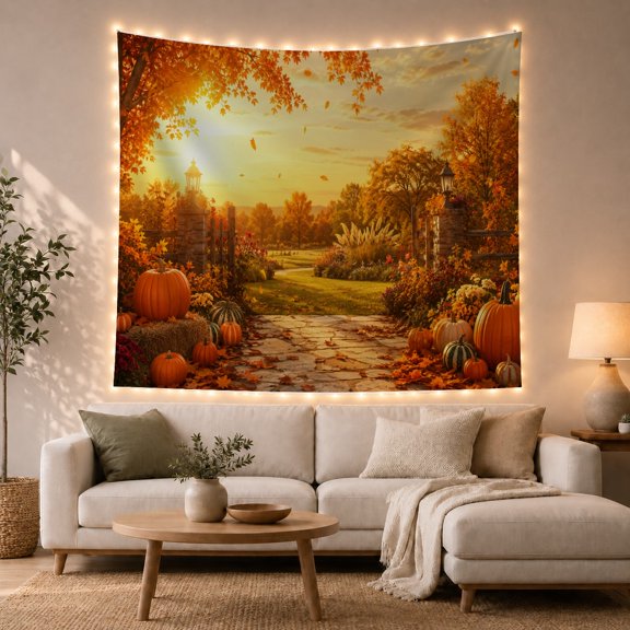 Stone Pathway Through Rustic Gate With Pumpkins, Cozy Digital Art For Nature Lovers, Autumn Landscape Decor, Thanksgiving Hostess Gift, Tapestry Wall Hanging For Living Room And Bedroom