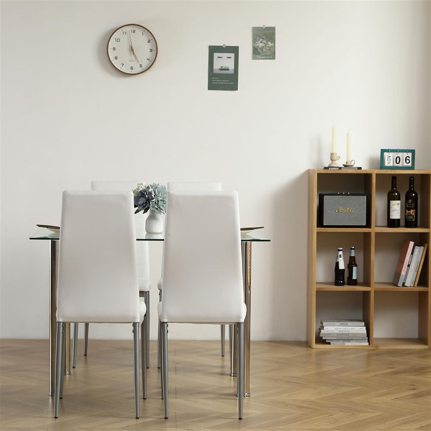 Demi Bonn 43" Dining Table Set with 4 Chairs & Tempered Glass Table for Kitchen, Silver Legs, Comfy Seating for 4 People, White