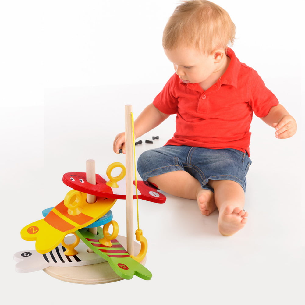 8pc Wooden Montessori Toy Fishing Digital Column Baby Children Pretend Toys 