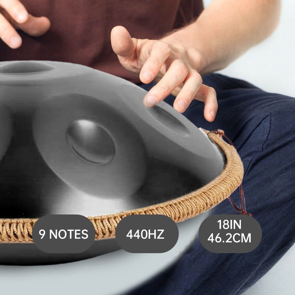 18 Inches G Minor Kurd Handpan Drum,440Hz 9 Notes Hand Drum Instrument, Steel Hand,Handpan Instrument for Adults, Pan with Storage Bag,Mallet,Braid,Stand,Black