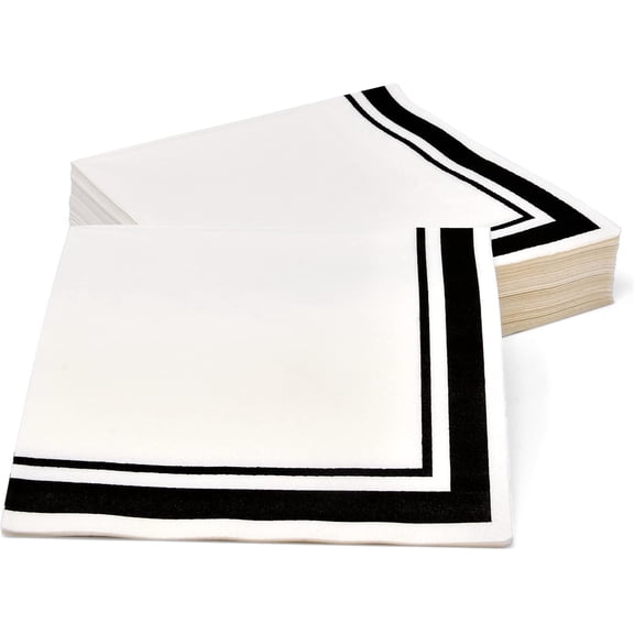 Gift Boutique Cocktail Beverage Napkins, 120 Count, 3-Ply Disposable Paper, Black Trim Stripe, 5x5 Inch, Party, Wedding, Dessert Table Supplies