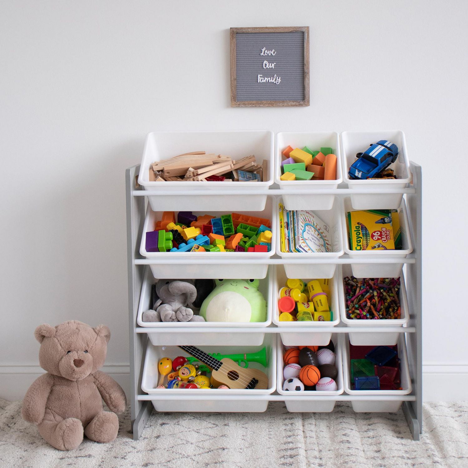 Humble Crew Slate Toy Storage Organizer with 12 Storage Bins, Grey Wood Grain/White