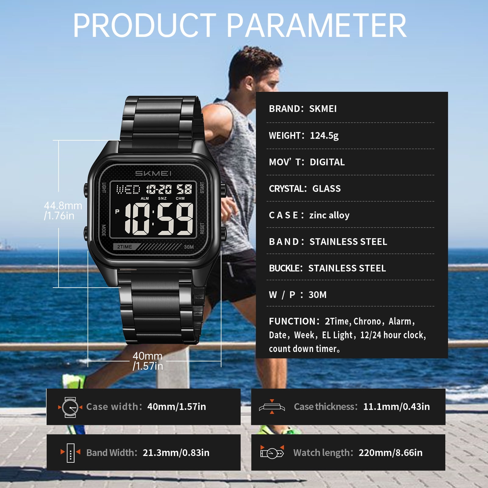 SKMEI Men's Digital Stainless Steel Watch Large Face LED Casual Sport Watches Waterproof Dual Time Date Wristwatch