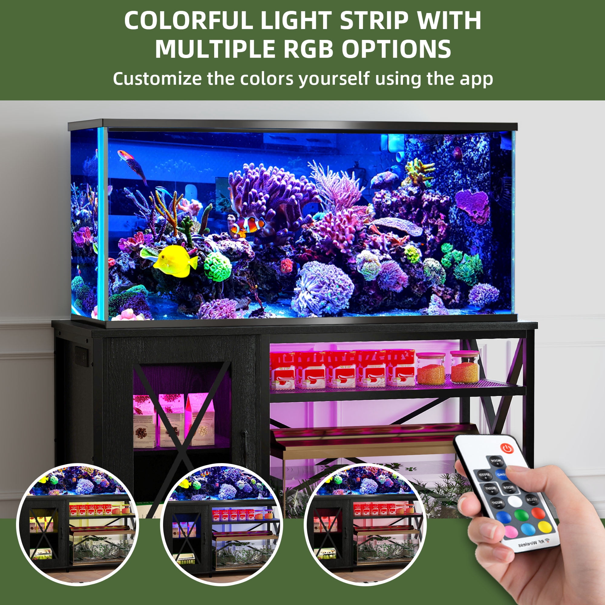 Uforic Heavy Duty Metal Aquarium Stand for 55-75 Gallon Tanks with LED Lights & Power Outlets - Black