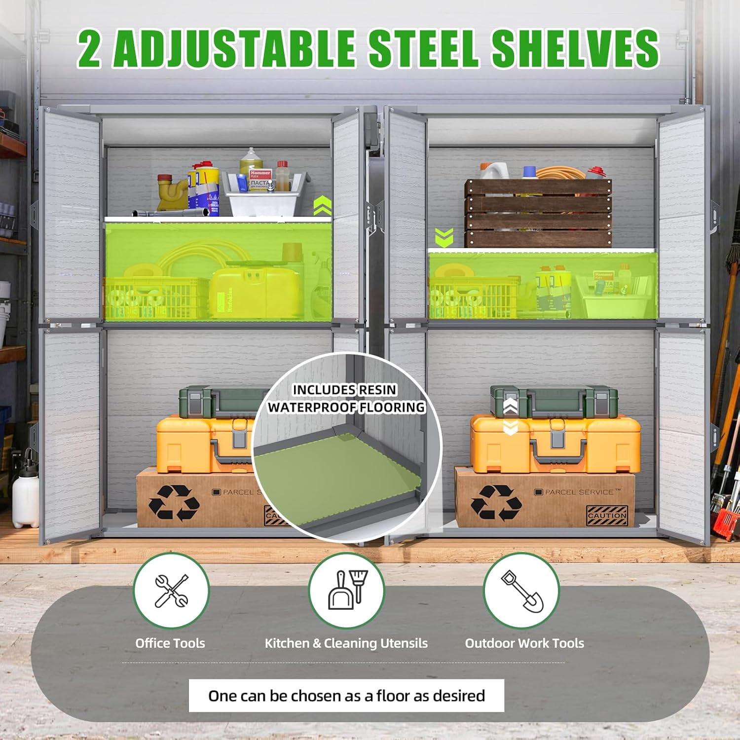 YODOLLA Large 58 Cu.ft Resin Outdoor Storage Cabinet with Adjustable Shelves, Vertical Tall Plastic Storage Shed with Reinforced Floor, Weatherproof Outdoor Storage Clearance with Base