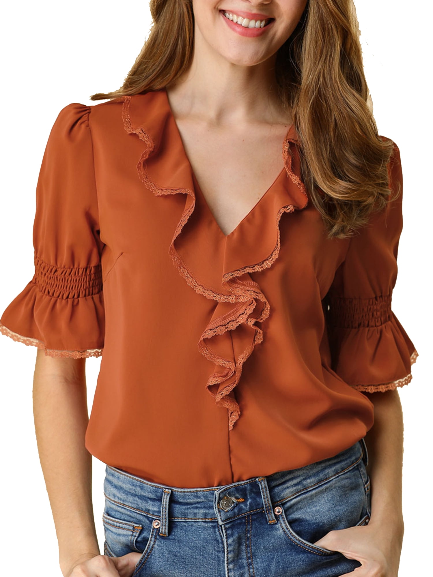 DARING DIVA Women's Ruffle V Neck Half Bell Sleeve Chiffon Top 3XL Brown Red