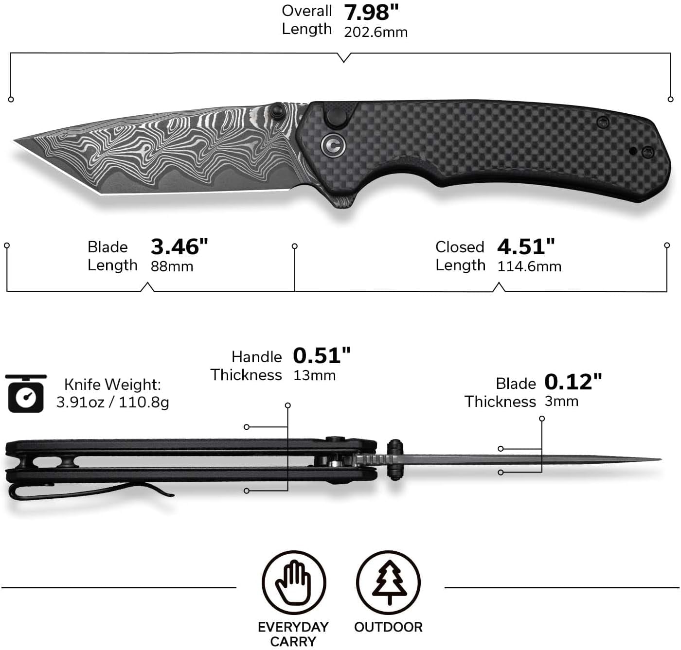 CIVIVI Button Lock Brazen Pocket Folding Knife with 3.46" Damascus Blade C19059C-DS1