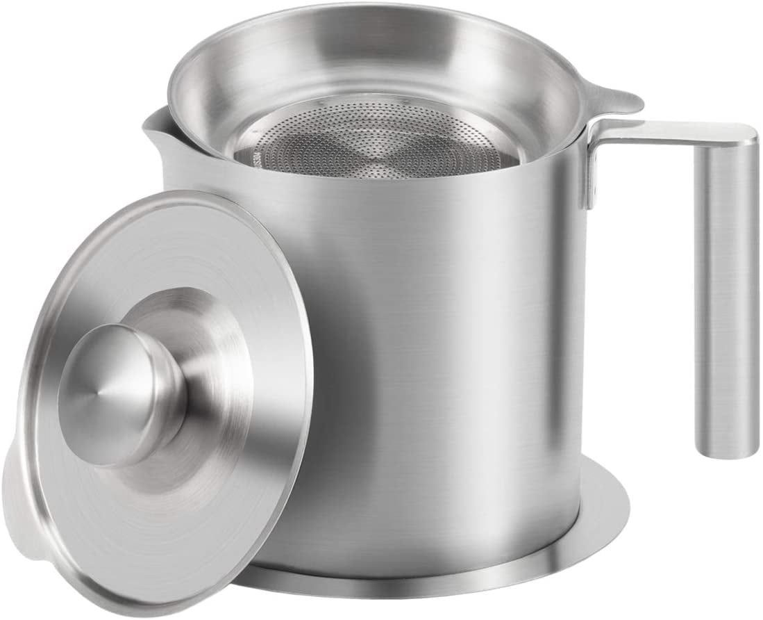 304 Stainless Steel Grease Strainer and Container - 1.2 Storage Pot Grease  Keeper - with Dust-Proof Lid & Easy Grip Handle - for Bacon Fat, Kitchen