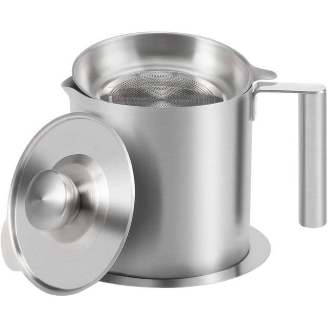 304 Stainless Steel Grease Strainer and Container - 1.8 L/1.9 Quart Large Oil Storage Pot Grease Keeper with Dust-Proof Lid & Easy Grip Handle - for Bacon, Kitchen Cooking or Frying Oil