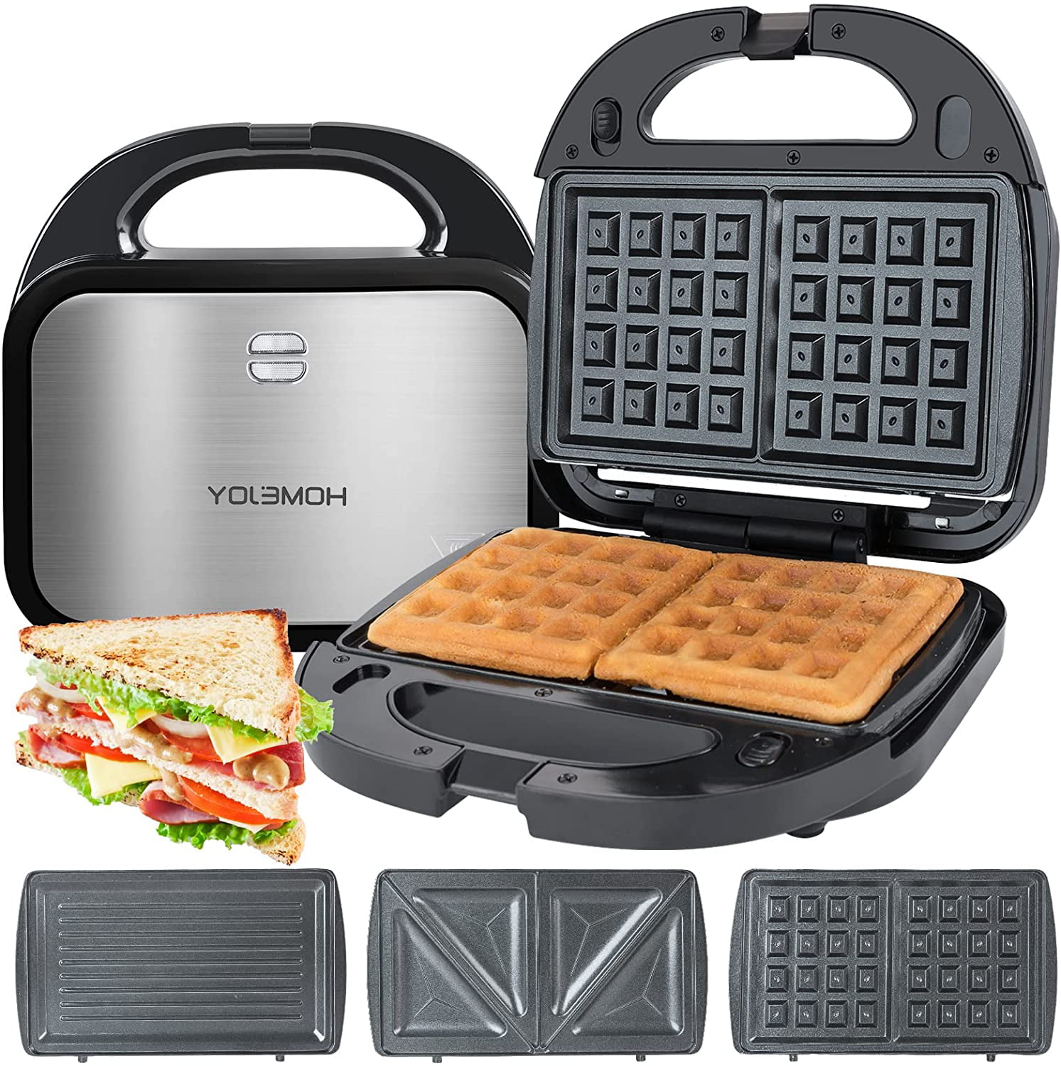 Sandwich Maker Waffle Maker 3-in-1 Waffle Removable Plates, Smart Temperature Control, Steel, LED Indicator Lights, Touch Handle, Easy Clean-up, Space Saving - Walmart.com
