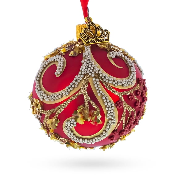 Glittered Red Berries and Gold Leaf Branches on Red Glass Ball Christmas Ornament