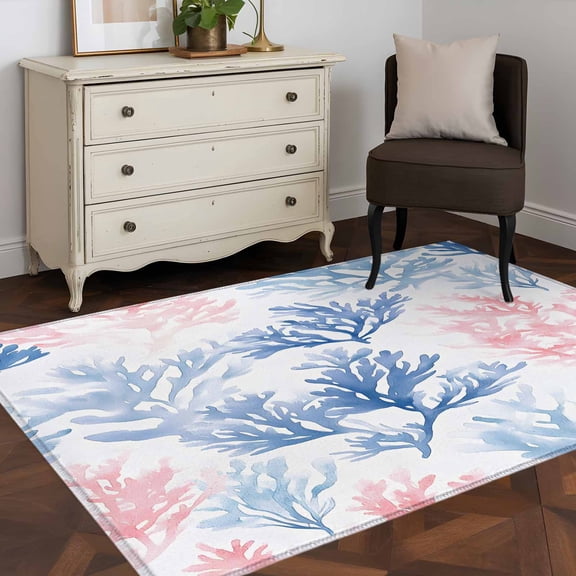 3'x5' Area Rugs, Blue Pink Coral Indoor Outdoor Area Rug for Living Room Bedroom, Beach Ocean Summer Coastal Washable Bathroom Rugs Kitchen Floor Carpet Mats Home Decor Aesthetic