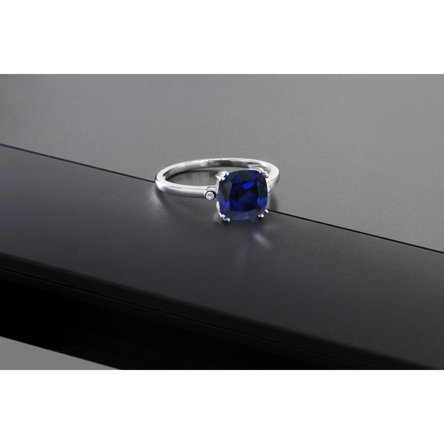 Gem Stone King 2.51 Ct Cushion Blue Created Sapphire White Diamond 10K White Gold Ring