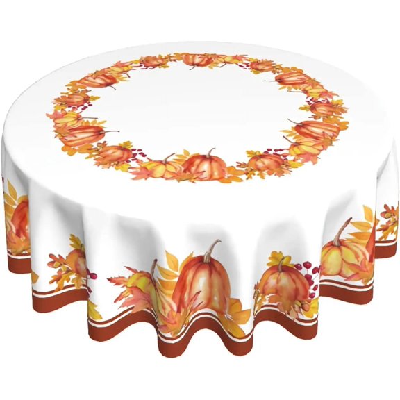 Autumn Pumpkin Round Tablecloth 60h Fall Harvest Thanksgiving Tablecloth Pumpkin and Fall Leaf Table Cloth Farmhouse Rustic
