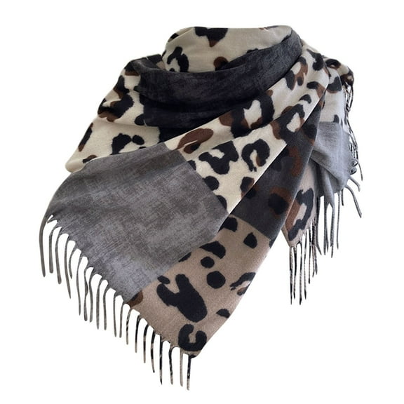 SUXIAN Women's Winter Scarf Leopard Print Imitation Wool with Fringe Grey_#2 One Size