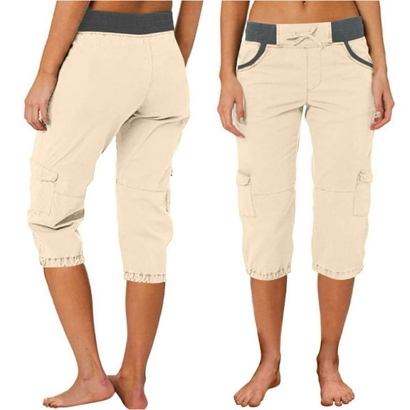 Simua Cargo Capri Pants for Women Elastic Waisted Relaxed Fit Roll Cropped Trousers with Pockets