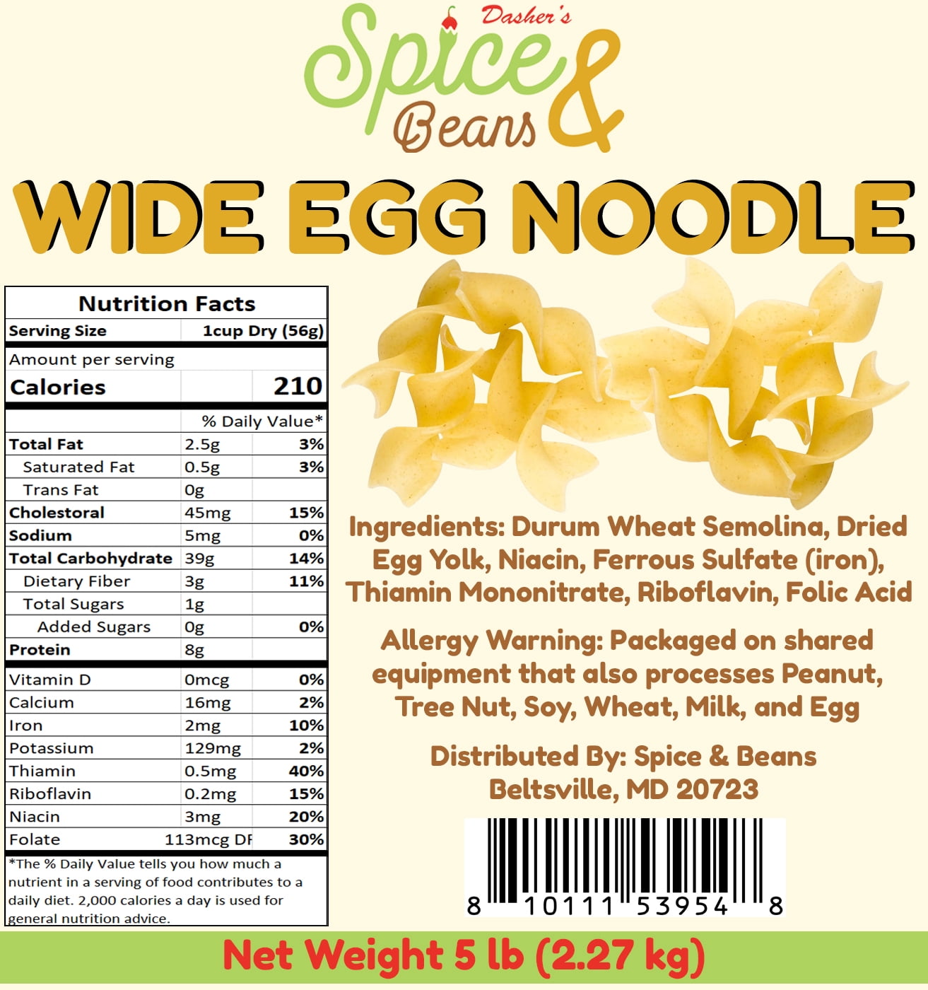 Dasher's Spice & Beans Wide Egg Noodle Pasta | 100% Durum Semolina Flour | Made in America | 5 lb.