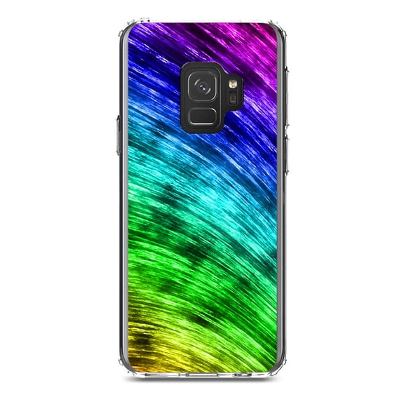 DistinctInk Clear Shockproof Hybrid Case for Samsung Galaxy S9 (5.8" Screen) - TPU Bumper, Acrylic Back, Tempered Glass Screen Protector - Rainbow Shimmering Curve