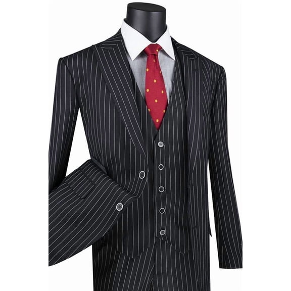 Men's Vinci Suits Vested Bold Gangster Pinstripe Suit Black Size 50 Long