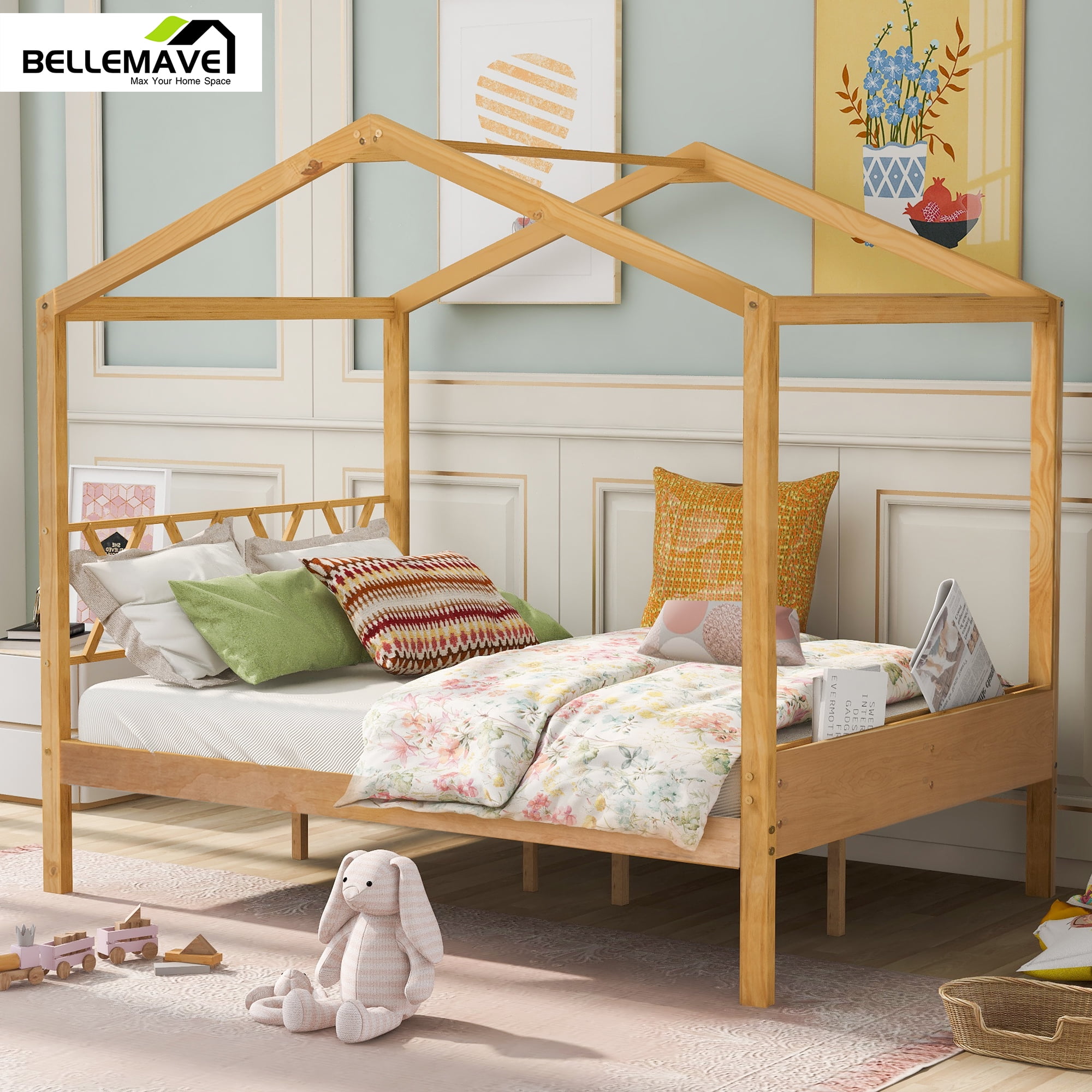Bellemave Full Size House Bed Frame with Headboard and Footboard, Wood