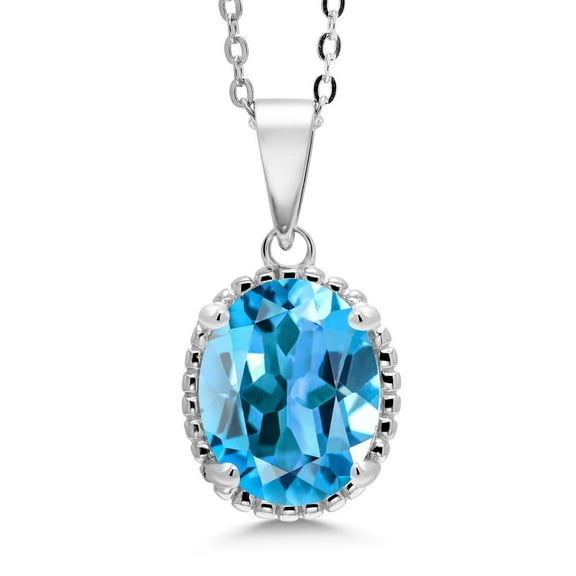 Gem Stone King 925 Sterling Silver Swiss Blue Topaz Pendant Necklace for Women (4.00 Cttw, Oval 11X9MM, Gemstone November Birthstone, with 18 inch Silver Chain)