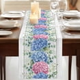 thumbnail image 3 of Blue Pink Hydrangea 120 Inch Table Runner, Eucalyptus Leaves Wooden Summer Botanical Farmhouse Dresser Scarf Cotton & Linen Tablerunner for Dining/Kitchen Island/Holiday Party Décor 13" x 120", 3 of 9