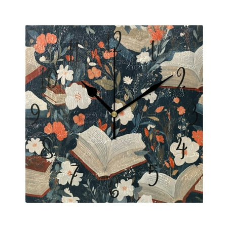 WOBOGO Books and Flowers Collide Wall Clock 7.78 Inch Battery Operated Silent Unit Square Rustic Vintage Style for Home Bedroom Office Black Pointer
