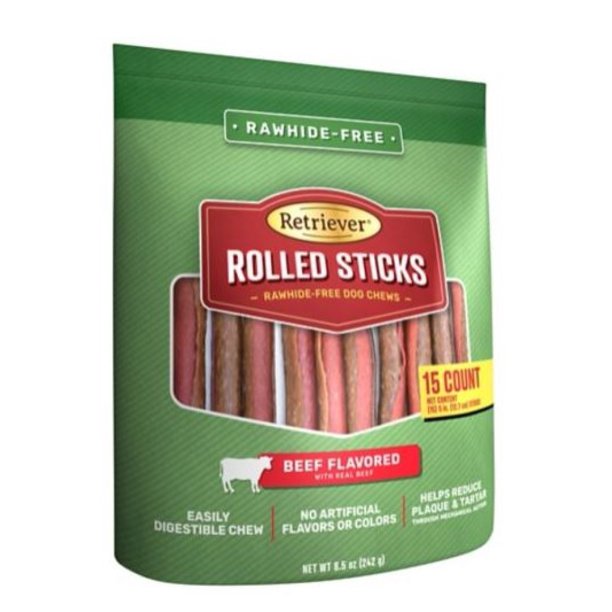 Retriever Rolled Sticks 661TSC RawhideFree Beef Flavor Dog Chews 15 Count