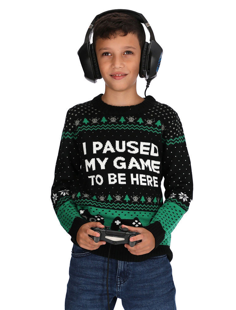 Tstars Boys Unisex Ugly Christmas Sweater Gift for Gamer I Paused My Game to Be Here Funny Video Gamer Kids Christmas Gift Holiday Shirts Party Funny Christmas Gifts for Boy Sweater Ugly Xmas Sweater - image 3 of 5