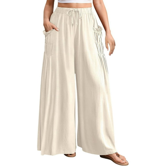 Women's High Waisted Linen Pants, Bohemian Style Wide Leg Casual Trousers with Pockets, Flowy Beach Vacation Outfits for Summer Travel and Daily Wear Beige L