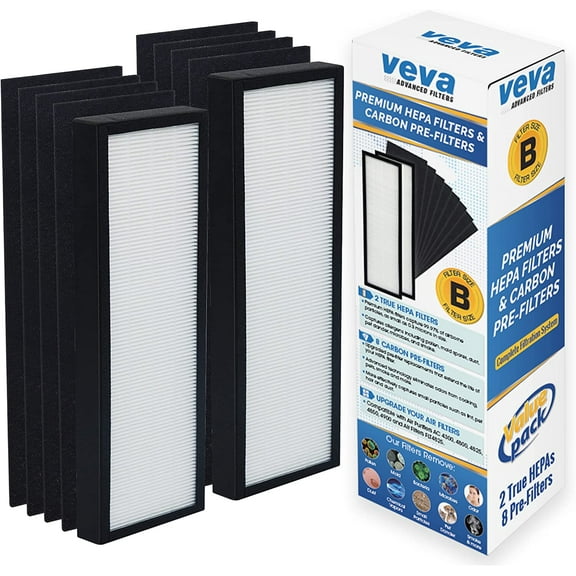 Veva HEPA Filter B Replacement, Pack of 2 with 8 Carbon Pre-Filters