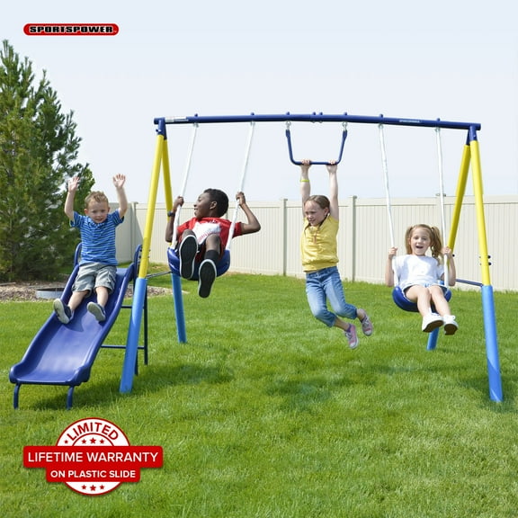 Sportspower Outdoor My 1st Metal Swing Set for Ages 3-8, 400lbs Capacity & 6.2ft Frame, 2 Swings, Trapeze & 5ft Slide