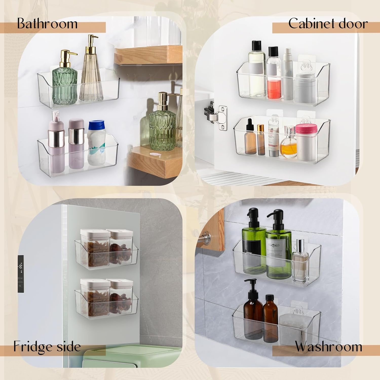 2 Pcs Wall Mounted Organizer Basket,Storage Organizer Bins,Self Adhesive Shower Caddy, Stackable Plastic Makeup Organizer, Clear Storage Shelves Organizing for Bathroom, Kitchen, Cabinet, Pantry