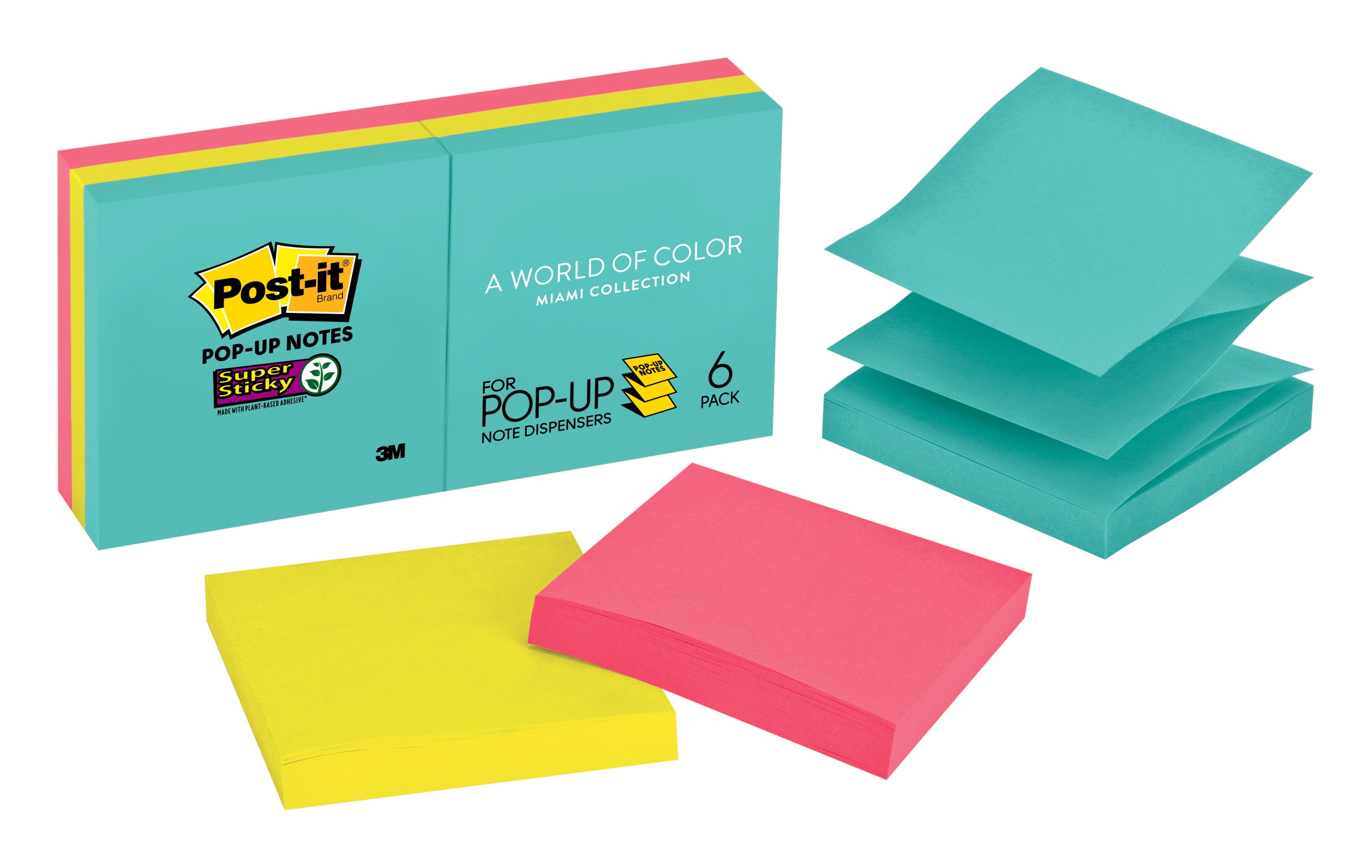 Postit Super Sticky Popup Notes, 3" x 3", Miami collection, 6 Pads