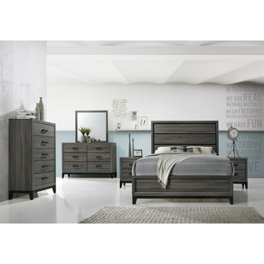 5Pcs King Size Bedroom Furniture Set, Solid Wood Platform Bed with Headboard and Footboard, Include 1 Nightstand, Chest, Dresser and Mirror, Grey