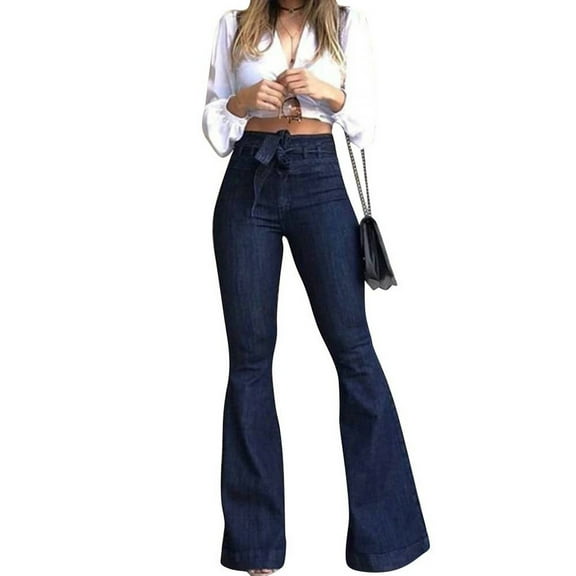 FASHIONWT Women Denim Jeans Bell-Bottom Jeans High Waist Micro Elastic Lace Up Flared Pants Wide Leg Pants Full-length Jeans