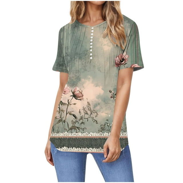 Blusas para las Mujeres Casual Impreso Manga Corta V-Cuello Botón de Moda, Poliéster Toda la Temporada