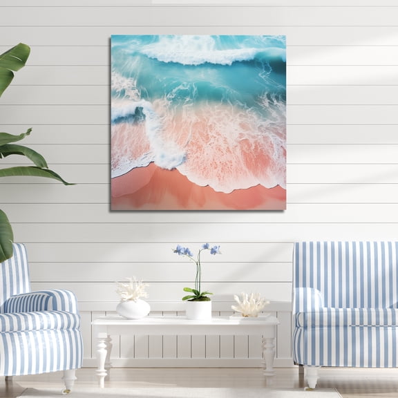 Designart "Aerial View of Beach in Blue and Pink II" Coastal Wall Art - Coastal Blue Coastal Beach Hallway Wall Art Decor