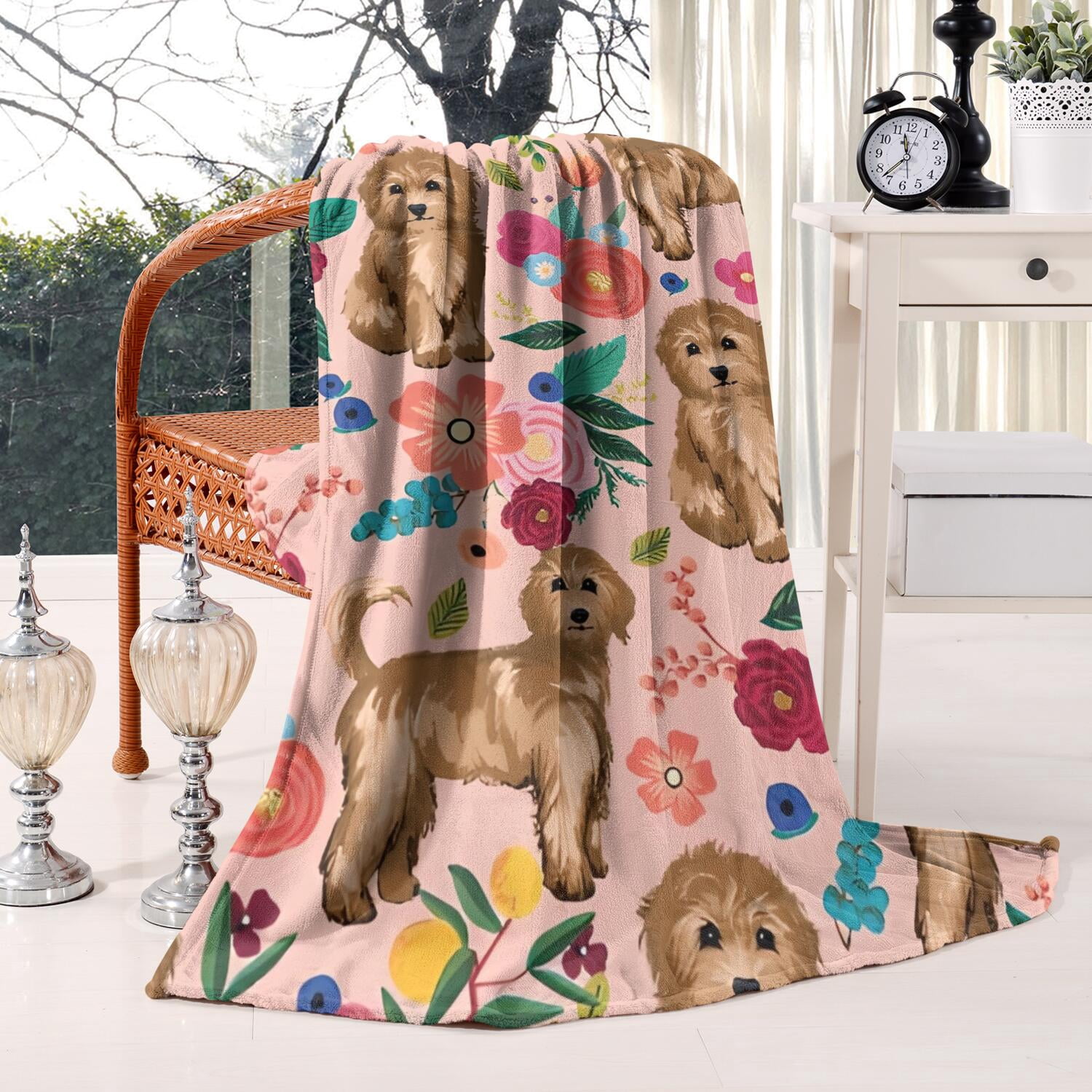 Dogs with Flowers Blanket,Comfortable Soft Flannel Throw Blanket,All Season,Warm Lightweight Blankets for Sofa Bed Couch Living Room Chair,60"x80"(150x200cm)